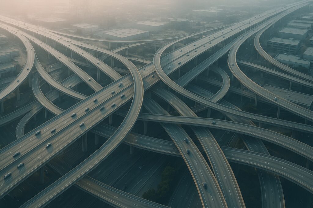 Aerial view of a massive, chaotic freeway interchange with overlapping ramps and overpasses, evoking themes of corporate complexity, misalignment, and strategic confusion.